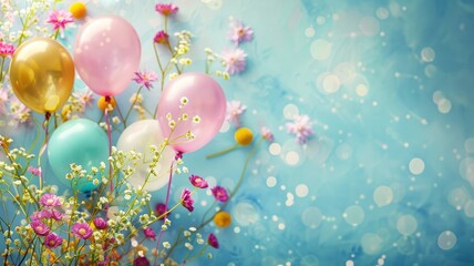 Colorful balloons among flowers against sparkling light blue background
