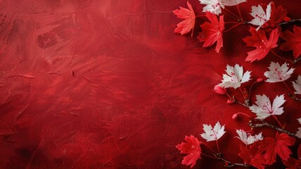 Red textured background with scattered maple leaves in shades of red and white