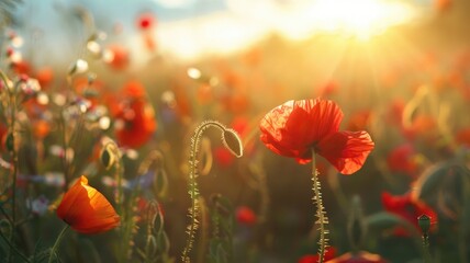 Obraz premium Poppies glowing in golden sunrise light field