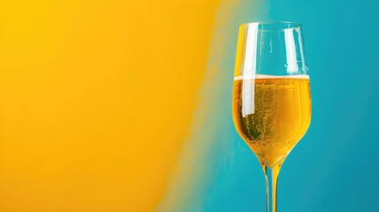 Champagne glass with bubbly liquid against blue and yellow background