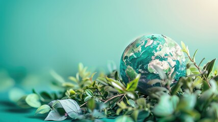 Small globe surrounded by greenery on teal background
