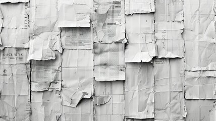 Monochrome collage of various crumpled newspapers - The image features an array of overlapping crumpled newspaper pages in monochrome tones, resembling a textured wall