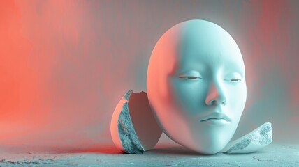 Broken egg-shaped mask with serene human face on textured surface, red background