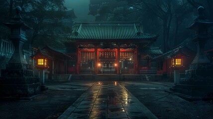 Mystic Red Japanese Shrine Amidst Nature - The vivid red of the Japanese shrine contrasts with the foggy, lush greenery, creating an enigmatic and entrancing scene