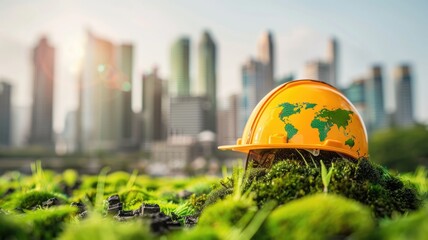 Orange safety helmet with world map on moss against city skyline