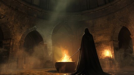 Inside a castle chamber a powerful enchantress stands in front of a cauldron stirring its contents with a long wand. As she mutters . .