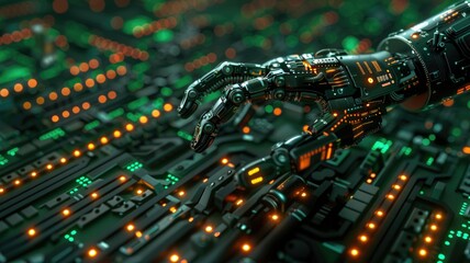 Robotic hand interacting with circuit board, highlighting technology and automation - obrazy, fototapety, plakaty