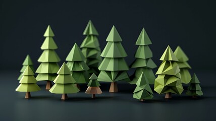 Low poly forest design with varying green hues - This image showcases a digital art creation of a stylized forest with trees in various shades of green using the low poly design technique - obrazy, fototapety, plakaty
