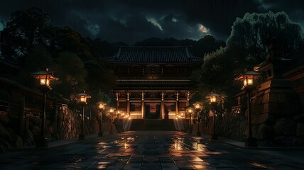 Illuminated Traditional Japanese Temple at Night - This striking image captures a beautiful traditional Japanese temple lit by lanterns under a night sky, creating a magical and mystical atmosphere - obrazy, fototapety, plakaty