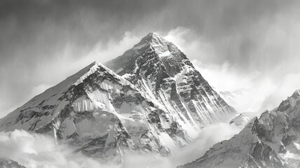Close-up of Everest's snowy peak - Up close view of Everest's peak highlights the snow-covered summit and the play of light and shadow - obrazy, fototapety, plakaty