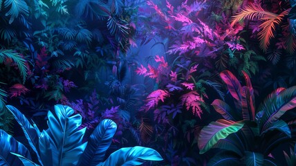 Vibrant jungle foliage in neon hues - This striking image presents a dense jungle scene bathed in neon lights, highlighting the intricate details and textures of tropical foliage - obrazy, fototapety, plakaty