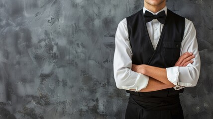 Person in formal black vest and bow tie with folded arms - obrazy, fototapety, plakaty