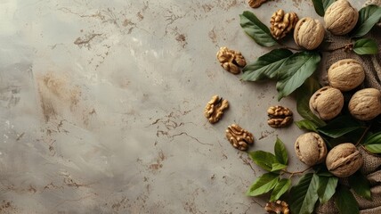 Walnuts, both shelled and unshelled, arranged on marbled background with green leaves - obrazy, fototapety, plakaty