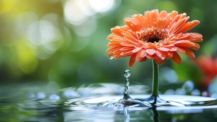 Orange flower with dew and water droplet reflection on serene surface - obrazy, fototapety, plakaty