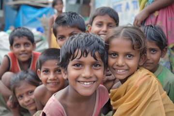 Indian school children smiling and looking at the camera with a happy expression