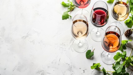 Assorted wine glasses with red, white, and rose on textured white background - obrazy, fototapety, plakaty