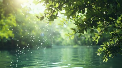 Sunlight filters through green leaves above tranquil river, with light particles floating in air - obrazy, fototapety, plakaty
