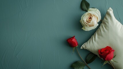 White and red roses on blue background with pillow - obrazy, fototapety, plakaty