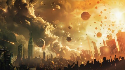 Surreal cityscape with floating orbs and explosive sky - obrazy, fototapety, plakaty