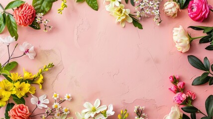 Assorted vibrant flowers bordering top and bottom of pastel pink background - obrazy, fototapety, plakaty