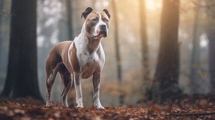 Double Exposure, white background, American Staffordshire in front of a forest ~ Created using Generative AI
