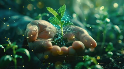 technologies for growing plants and scientific research in the field of biology and chemistry of nature. Living green sprout in the hands of a farmer. Organic digital background Ai generated