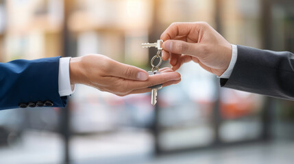 Hands of a real estate agent handing a key to a client, insurance agent hands over the house keys.