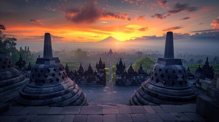 Amazing view of ancient largest Buddhist Borobudur Temple in Java Indonesia with bright focusing light during sundown time against orange cloudy sky Ai generated