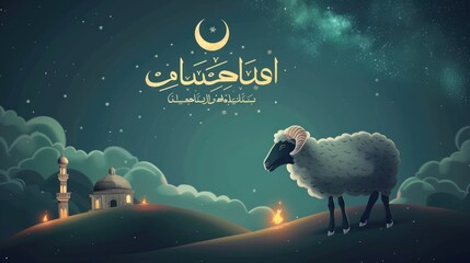 Arabic calligraphy text of Eid Mubarak for the celebration of Muslim community festival Eid Al Adha. Greeting card with sacrificial sheep and crescent on cloudy night background. Vector  Ai generated
