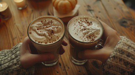 A couple on a romantic stroll stopping at a cafÃ© for indulgent hot drinks like peppermint mocha and pumpkin e latte. - obrazy, fototapety, plakaty