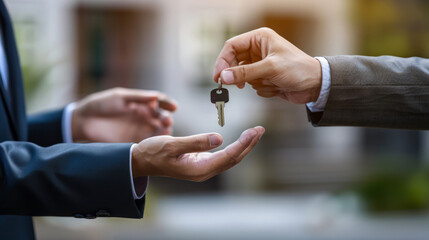 Hands of a real estate agent handing a key to a client, insurance agent hands over the house keys.