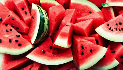 Top view of slices of juicy ripe watermelon creating a background.