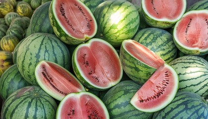 A multitude of large, sweet green watermelons forms a visually appealing background, promising a refreshing and delicious treat.