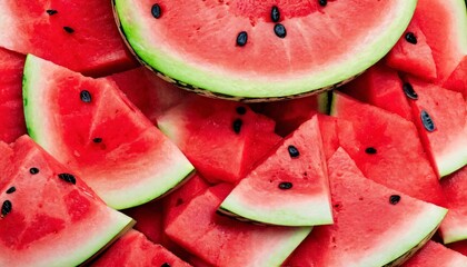 Top view of slices of juicy ripe watermelon creating a background.