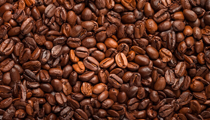A myriad of freshly roasted coffee beans, tightly packed, exuding a rich, aromatic essence - obrazy, fototapety, plakaty