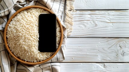 Drying Wet Phone in Rice On Table With Aesthetic Background, Copy Space