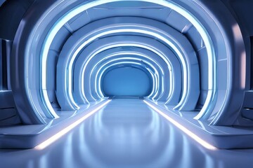 Fototapeta premium Futuristic chamber with glowing circular platform. Generative AI