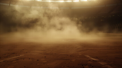 A baseball field with a lot of smoke and dust. The field is empty and the lights are on