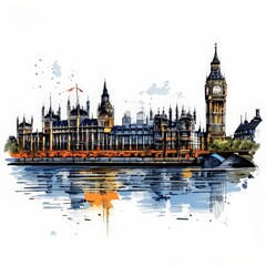Fototapeta premium illustration of london england big ben in the background river and bridge in the foreground