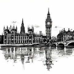 Fototapeta premium illustration of london england big ben in the background river and bridge in the foreground