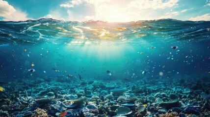 Underwater view with marine life and sunlight piercing through ocean surface
