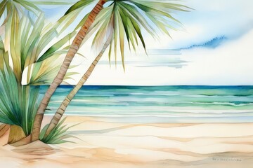 Fototapeta na wymiar palm tree green leaves turquoise ocean water blue sky sun white cloud yellow sand summer holidays