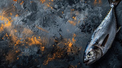 Fresh fish on dark, textured, abstract background with orange splashes