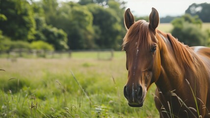 Chestnut horse standing in field with blurred green background