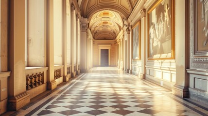 Obraz premium Sunlight streaming through windows in elegant, classical corridor with checkered floor