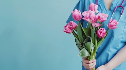 Healthcare worker in scrubs holding bouquet of pink tulips