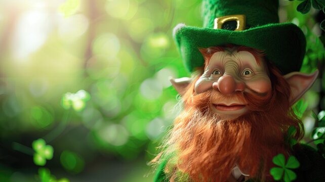 Smiling leprechaun figure in green hat surrounded by clovers