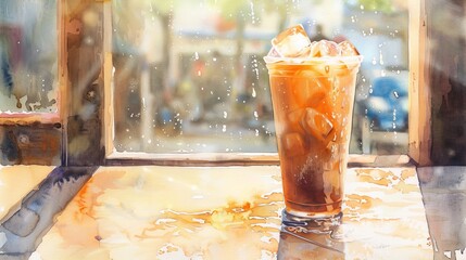 Soft watercolor of an iced coffee on a sunny terrace, condensation beads on the glass enhancing the sense of cool refreshment