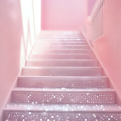 On the light pink staircase steps, covered with white transparent diamonds, the diamonds sparkle like a dream, and the overall color tone is bright - generated by ai
