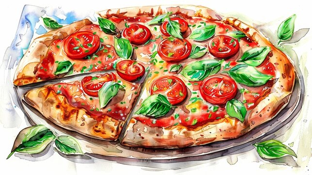 Watercolor illustration of a vegan pizza, the lively reds and greens of tomatoes and basil topping a golden crust